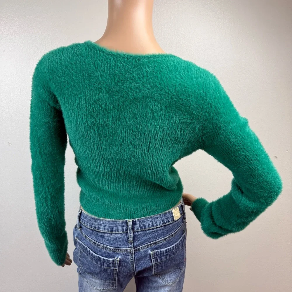 NWOT Aerie Fluffy 4-Ever Reversible Twist Green Envy Cozy Soft Crop Sweater SZ M
